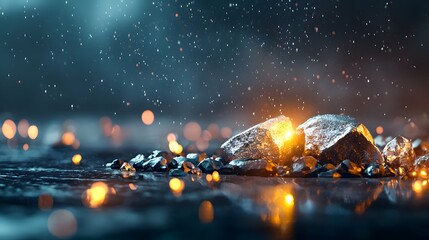 Poster - Magical glowing raindrops sparkling and reflecting on the serene wet surface of a tranquil pond under a starry night sky  The ethereal dreamlike scene creates a captivating
