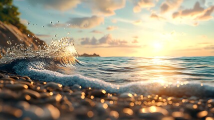Poster - Majestic ocean waves crashing against rocky shoreline at a vibrant dramatic sunset  Foaming and swirling water surrounded by glowing warm light and atmospheric clouds  A captivating