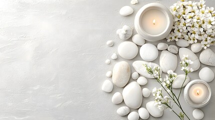 Poster - Peaceful natural scene with white candles delicate wildflowers and smooth pebble stones arranged in a simple minimalist design for relaxation meditation and wellness  The soft