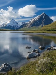 Poster - Serene Mountain Landscape with Calm Lake Reflecting Snowy Peaks and Clear Blue Skies : Generative AI
