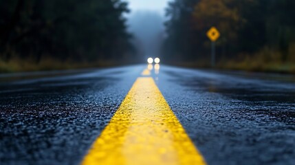 Aufkleber - Moody perspective view of a winding wet road lined with trees and reflective asphalt after rain : Generative AI
