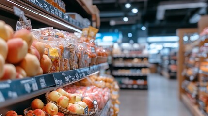 Poster - Grocery Store Aisle with Fresh Produce and Colorful Fruits on Display in Modern Setup : Generative AI