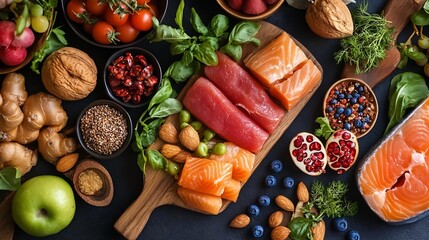 Poster - Colorful and healthy food arrangement featuring fresh fish, fruits and nuts on wooden cutting board : Generative AI