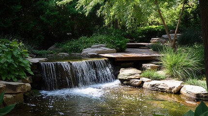 Poster - Serene and peaceful garden landscape featuring a beautiful waterfall surrounded by lush greenery : Generative AI