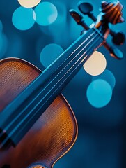 Poster - Elegant Close Up of a Violin with Blue Bokeh Lights Background for Music and Art Themes : Generative AI