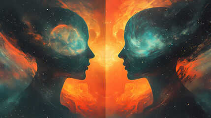 Wall Mural - cosmic connection art depicting duality abstract space digital painting surreal environment side vie