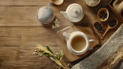  Cozy Wooden Table with Tea Spices and Herbs in Rustic Kitchen Setting  Overhead view of a warm inviting arrangement of tea various spices and fresh herbs on a natural wooden surface