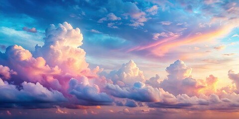 Wall Mural - Dreamy, ethereal sky with soft pink and blue gradient hues, featuring puffy white clouds drifting lazily across the horizon, sunset sky, peaceful atmosphere