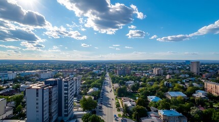 Poster - Panoramic view of vibrant city skyline under bright clouds during sunny day : Generative AI