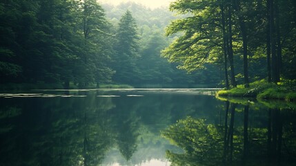 Aufkleber - Reflective Lake Surrounded by Vibrant Trees in a Breathtaking Forest Scene : Generative AI