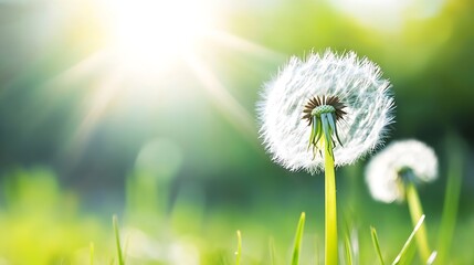 Aufkleber - A close-up of a dandelion puffball glistening in the bright sunlight on a spring day. : Generative AI