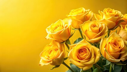 Wall Mural - A bouquet of bright yellow roses fills a simple, sunlit yellow background, showcasing the vibrant colors and delicate petals of the flowers , springtime, yellow flat background