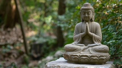 Aufkleber - Calm Stone Buddha Statue Surrounded by Lush Greenery in a Tranquil Natural Environment for Meditation : Generative AI