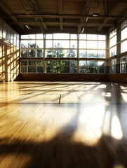 Aufkleber - Spacious wooden sports hall illuminated by natural light through large windows : Generative AI