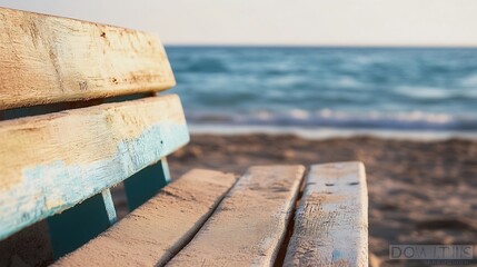 Poster - Rustic Beach Bench Weathered by Time and Sandy Shoreline with Ocean Waves in Background : Generative AI