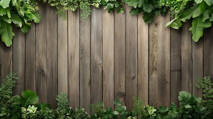 Poster - Wooden fence or wall with rustic weathered texture framed by a lush verdant display of green leaves plants and foliage in a natural garden or forest environment  The organic