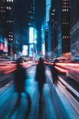 Poster - Dynamic Urban Night Scene with Blurred People and Colorful Lights : Generative AI