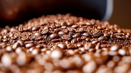 Poster - Close Up of Roasted Coffee Beans and Ground Coffee on a Smooth Surface : Generative AI