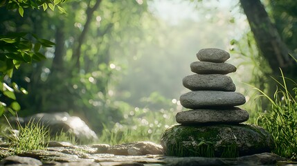 Poster - Stacked Zen stones balanced in a peaceful forest scene creating a serene and tranquil atmosphere  The natural landscape with its lush greenery and dappled lighting