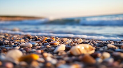 Fototapete - Beautiful close-up of colorful pebbles on a tranquil beach with gentle waves in the background : Generative AI