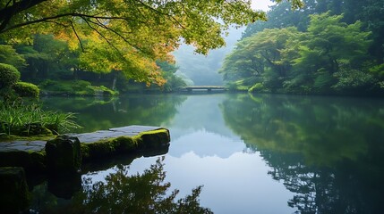 Aufkleber - Serene landscape featuring tranquil lake surrounded by lush trees reflecting on calm water in a peaceful setting : Generative AI
