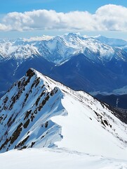 Poster - Breathtaking snowy mountain range under a bright blue sky and fluffy white clouds : Generative AI