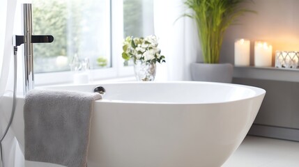 Aufkleber - Stylish Bathroom Interior with a Modern Bathtub and Natural Decor : Generative AI