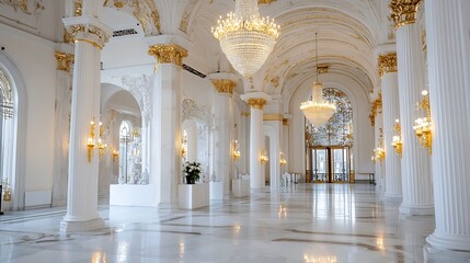 Poster - Stunning Grand Hall Interior with Marble Floors and Elegant Chandeliers in Luxury Palace : Generative AI