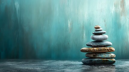 Poster - Stacked stones in a tranquil moody environment with copy space  Peaceful meditation relaxation and wellness concept with a minimalist abstract design