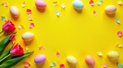 Vibrant pastel eggs and fresh spring tulips arranged on a sunny yellow background creating a cheerful Easter border design