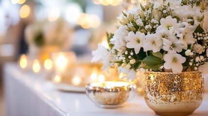 Leinwandbilder - Stunning Floral Arrangement in Gold and Glass Vase with Warm Candlelight : Generative AI