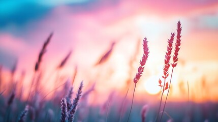 Poster - Serene Sunset Over Tall Grass in a Pastel Sky Reflecting Tranquility and Nature : Generative AI