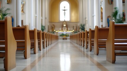 Aufkleber - Interior View of a Serene Church with Wooden Benches Leading Towards the Altar : Generative AI