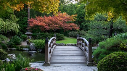 Poster - Serene Japanese garden with wooden bridge and vibrant autumn foliage : Generative AI