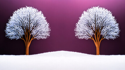 Wall Mural - Frosty and snowy minimalist painting featuring two trees against purple background, creating serene winter landscape. scene evokes tranquility and beauty