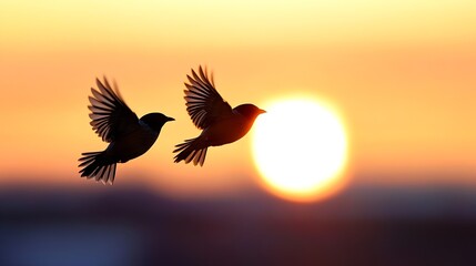 Poster - Silhouetted Birds Flying Against a Stunning Sunset Background : Generative AI