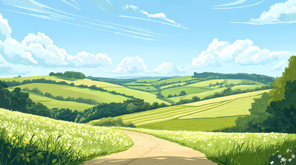 Canvas Print - Sweeping countryside view with fields and hills, wide open spaces, rural landscapes. Emotion-Driven Landscapes. Illustration
