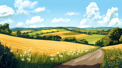 Wall Mural - Sweeping countryside view with fields and hills, wide open spaces, rural landscapes. Emotion-Driven Landscapes. Illustration