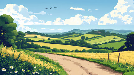 Canvas Print - Sweeping countryside view with fields and hills, wide open spaces, rural landscapes. Emotion-Driven Landscapes. Illustration
