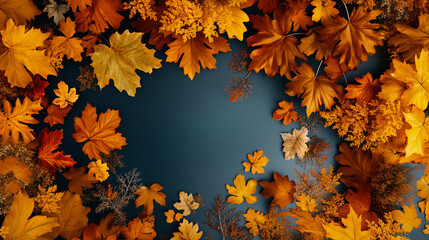 Wall Mural - Autumn leaves in vibrant orange and yellow hues create stunning frame against dark blue background, evoking sense of warmth and nostalgia