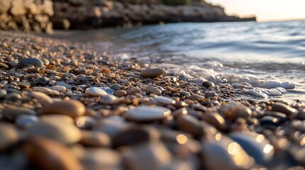 Aufkleber - Close Up of Pebbles and Stones on a Beach with Soft Waves Lapping at the Shoreline During Golden Hour : Generative AI