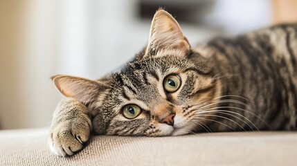 Poster - Charming Close Up Image of a Playful Tabby Cat Relaxing on a Couch : Generative AI