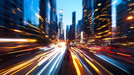 Poster - Dynamic motion blur of vibrant city lights at dusk creating an energetic urban atmosphere : Generative AI