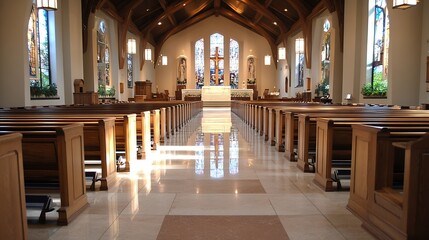 Aufkleber - Spacious interior of a modern church featuring stunning architecture and illuminating stained glass windows : Generative AI