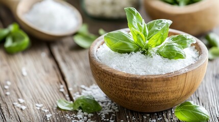 Poster - Fresh Basil Leaves and Sea Salt in Rustic Wooden Bowls : Generative AI