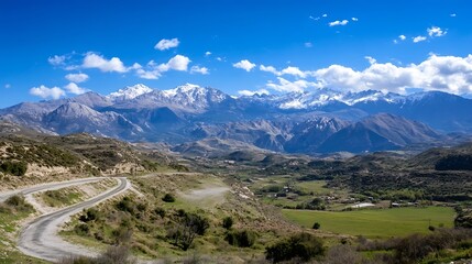 Poster - Breathtaking panoramic view of majestic mountains and lush green valley under a clear blue sky : Generative AI