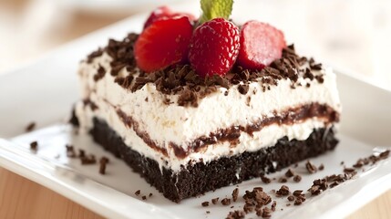Poster - Decadent Chocolate Cake with Fresh Berries and Cream Topping Served on a White Plate : Generative AI