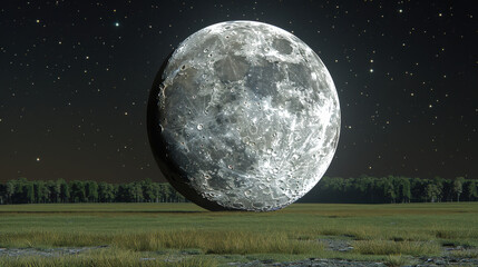 Wall Mural - Bright and full moon shining in dark night sky over grassy field, creating serene atmosphere