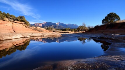 Poster - Still Water Reflection Of Mountains And Clear Blue Sky In Desert Landscape : Generative AI