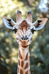 Poster - Beautiful close up portrait of a giraffe with expressive eyes set against a blurred natural background : Generative AI